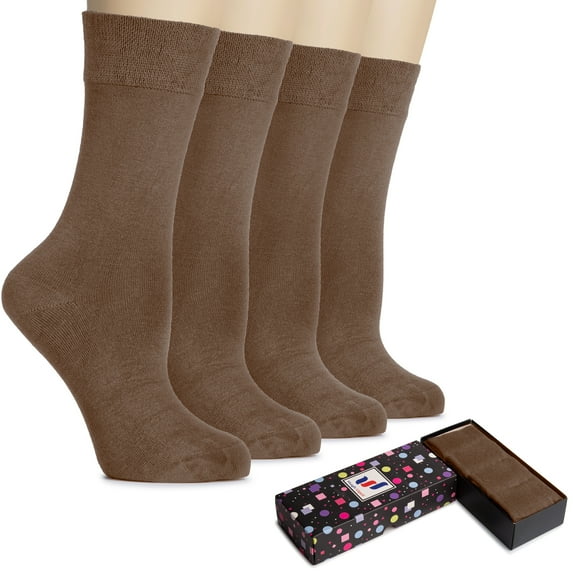 HUGH UGOLI Women's Cotton Dress Socks for Business and Trouser, Thin Crew Socks, Seamless Toe, 4 Pairs with Luxury Gift Box, Brown, Shoe Size: 5-8