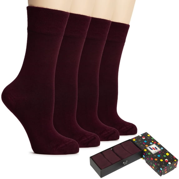 HUGH UGOLI Women's Cotton Dress Socks for Business and Trouser, Thin Crew Socks, Seamless Toe, 4 Pairs with Luxury Gift Box, Burgundy, Shoe Size: 5-8