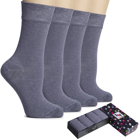 HUGH UGOLI Women's Cotton Dress Socks for Business and Trouser, Thin Crew Socks, Seamless Toe, 4 Pairs with Luxury Gift Box, Grey, Shoe Size: 5-8