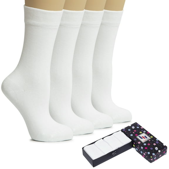 HUGH UGOLI Women's Bamboo Thin Crew Socks for Dress Business & Trouser, Seamless Toe, 4 Pairs in Gift Box, Shoe Size 5-8/8-11, White, Shoe Size: 8-11