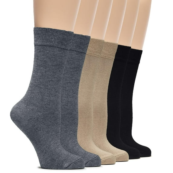 Hugh Ugoli Womens Rayon Dress Socks, Crew Soft Thin Calf Socks for Business, Trouser & Casual, Melange Grey/Dark Beige/Black, 6 Pairs, Shoe Size: 6-9