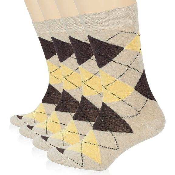 Hugh Ugoli Womens Cotton Argyle Socks | Fun Colorful Women's Crew Socks, 3 Pairs, Beige, Shoe Size: 9-12