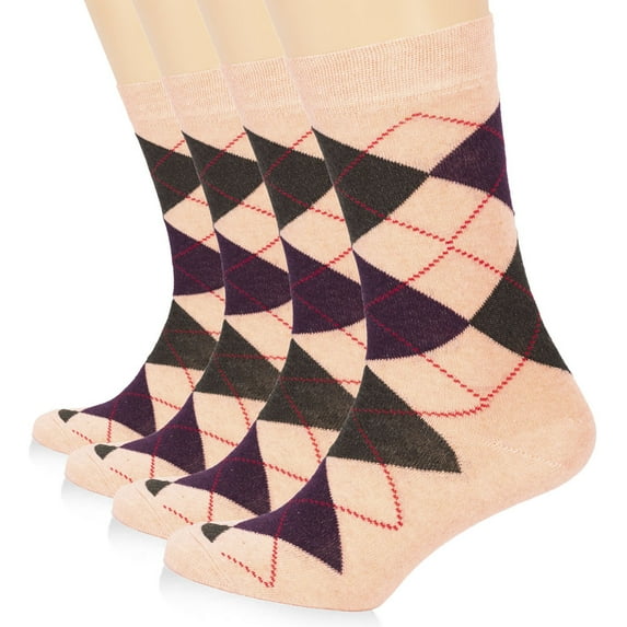 Hugh Ugoli Womens Cotton Argyle Socks | Fun Colorful Women's Crew Socks, 3 Pairs, Peach, Shoe Size: 9-12