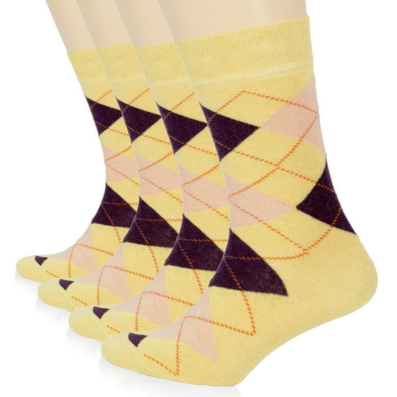 Hugh Ugoli Womens Cotton Argyle Socks | Fun Colorful Women's Crew Socks, 3 Pairs, Yellow, Shoe Size: 6-9