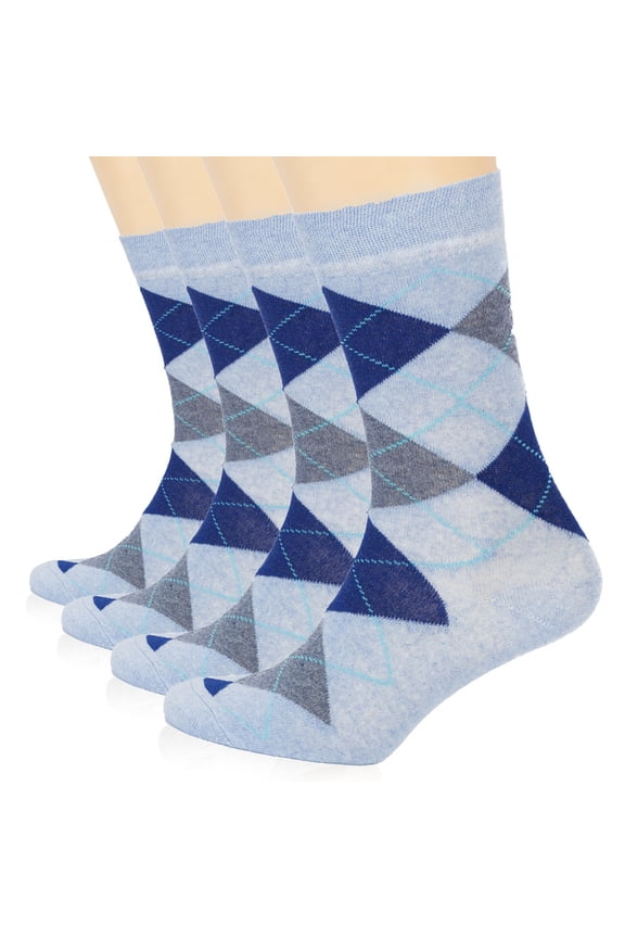 Womens Cotton Argyle Socks | Fun Colorful Women's Crew Socks, 4 Pairs, Blue, Shoe Size: 9-12
