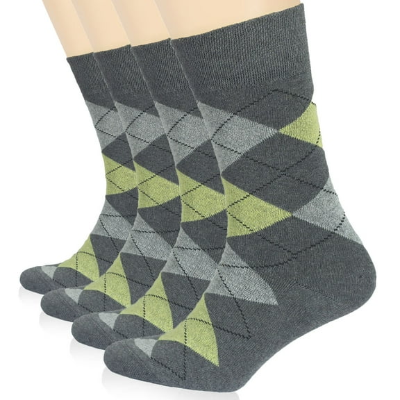 Hugh Ugoli Womens Cotton Argyle Socks | Fun Colorful Women's Crew Socks, 4 Pairs, Grey, Shoe Size: 6-9