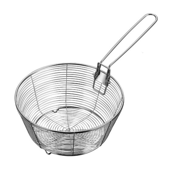 Hugjasmine Food Grade Round Fry Basket With Ergonomic Handle For Frying Noodles And Filtering Fruits