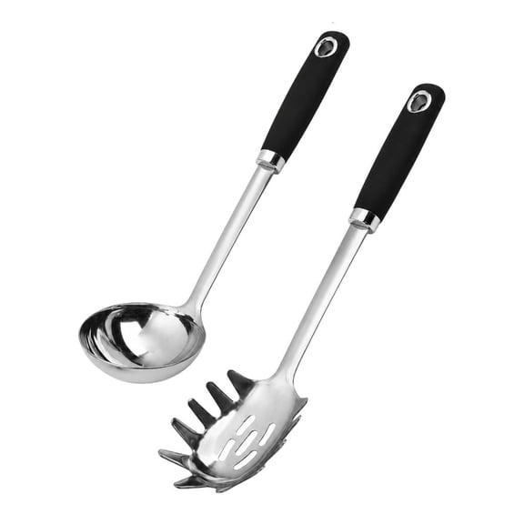 Hugjasmine Spaghetti Spoon and Soup Ladle Set, Stainless Steel 2 Piece Kitchen Utensils with Heat Resistant Rubber Handle for Pastas, Noodles, Soup and Daily Meal Service