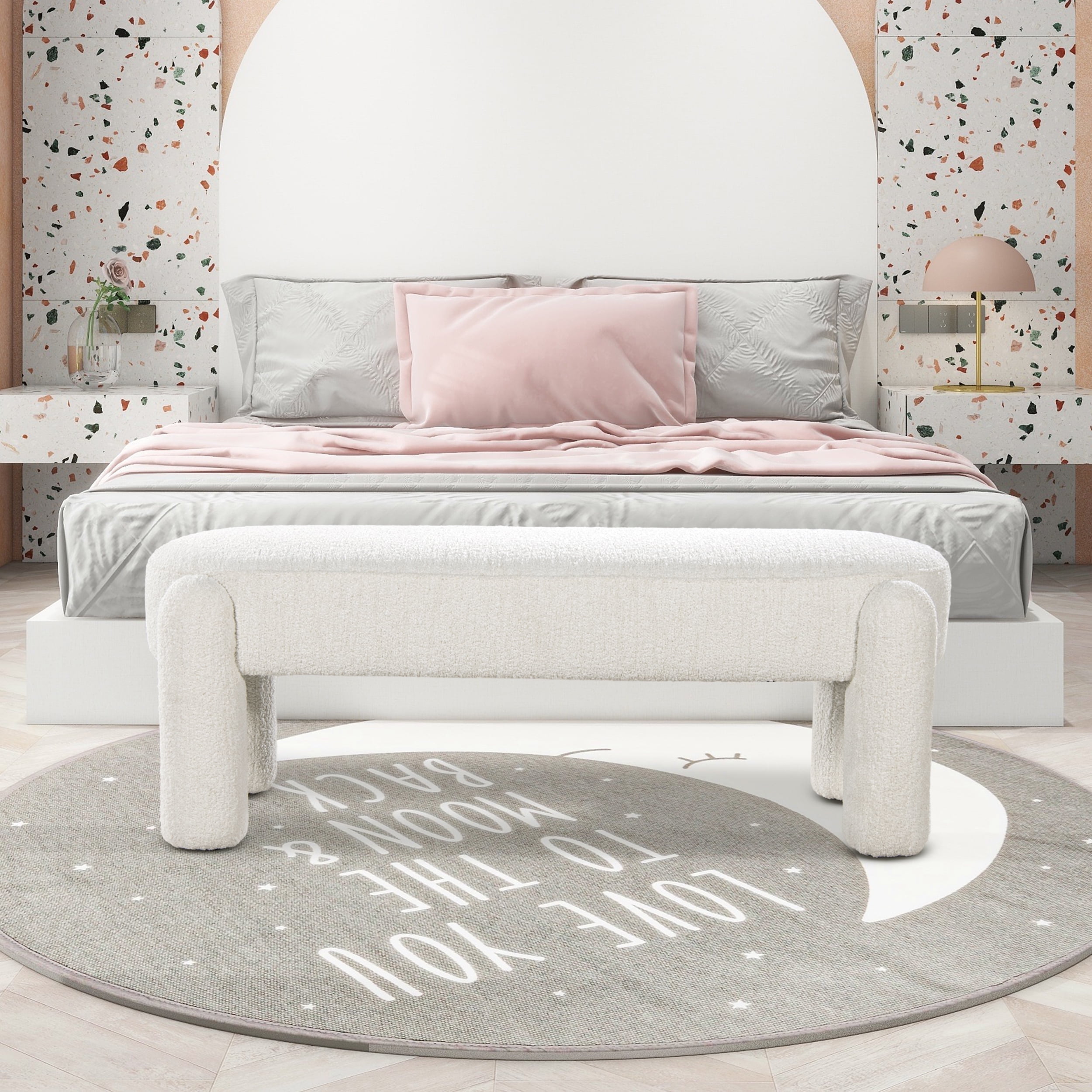 Milk Cream White Boucle Upholstered Eucalyptus Bench