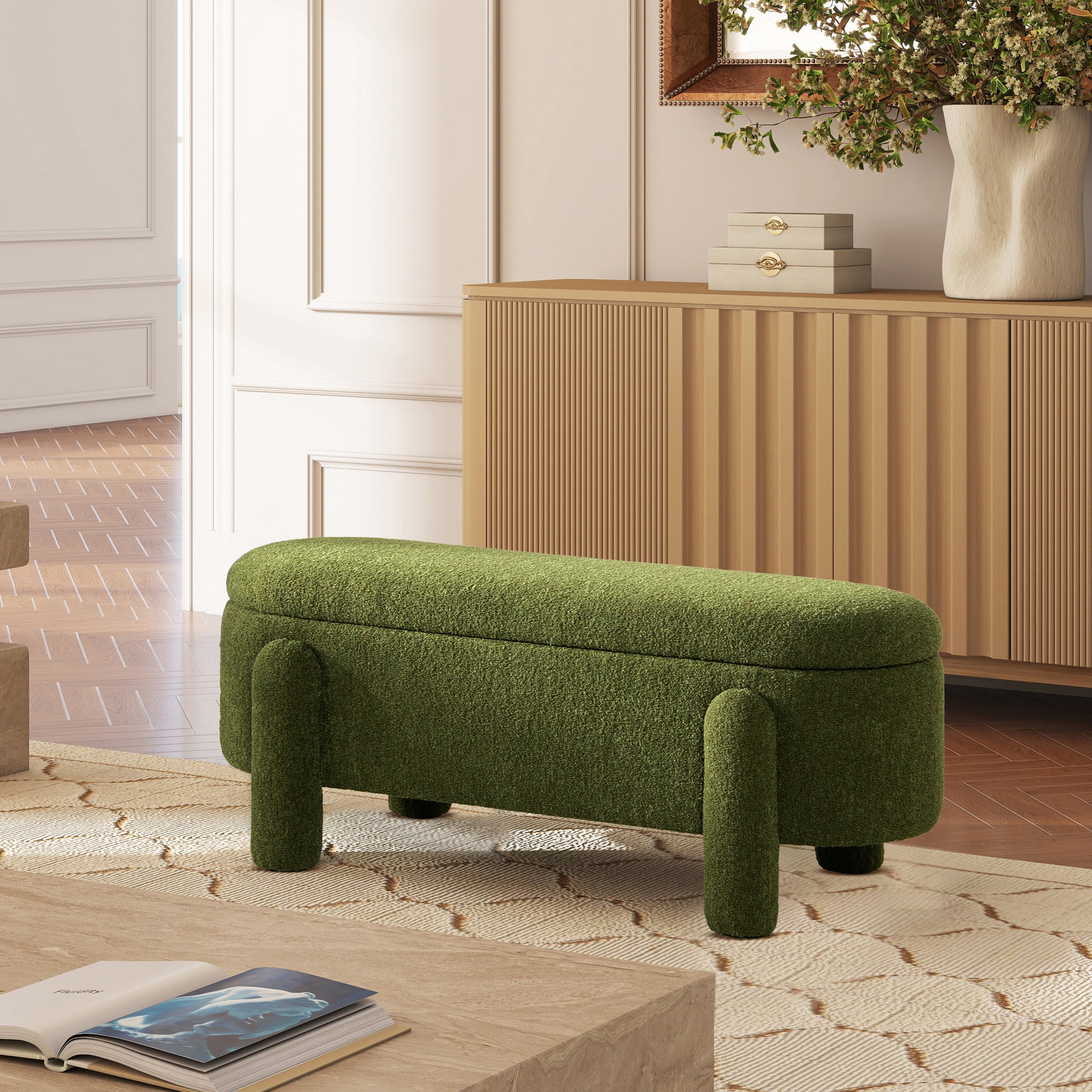 Moss Green Oval Bouclé Storage Bench with Rubberwood Legs