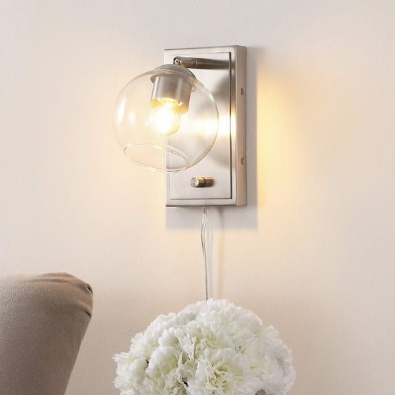 JONATHAN Y Hugo 6" 1-Light Minimalist Modern Plug-In or Hardwired Adjustable Iron LED Wall Sconce with Rotary Dimmer, Nickel with Clear Globe