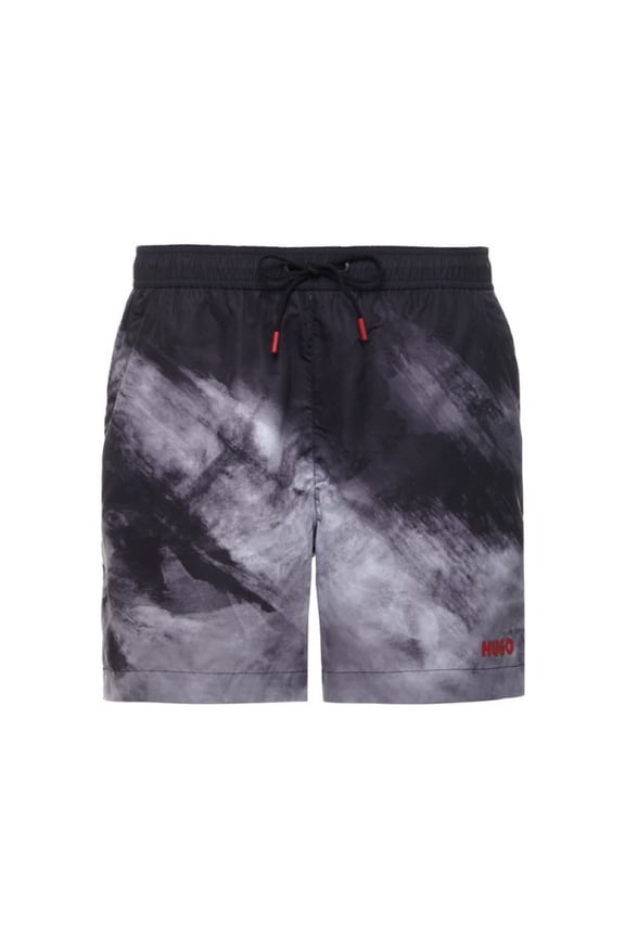 Men Dune Trunks Black Gray Polyester Camo Print Drawstring Swim Shorts