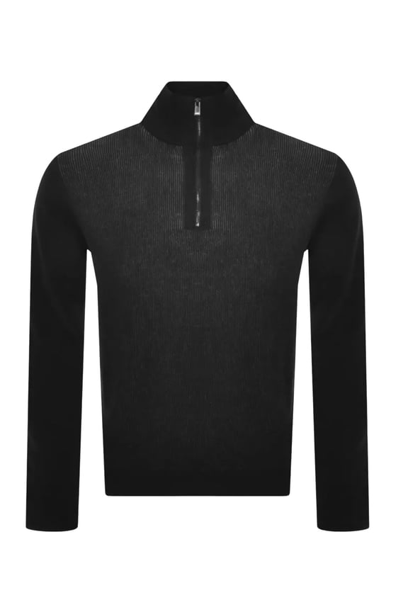 Men's Ofilato Black Ribbed Knit Virgin Wool Half Zip Sweater