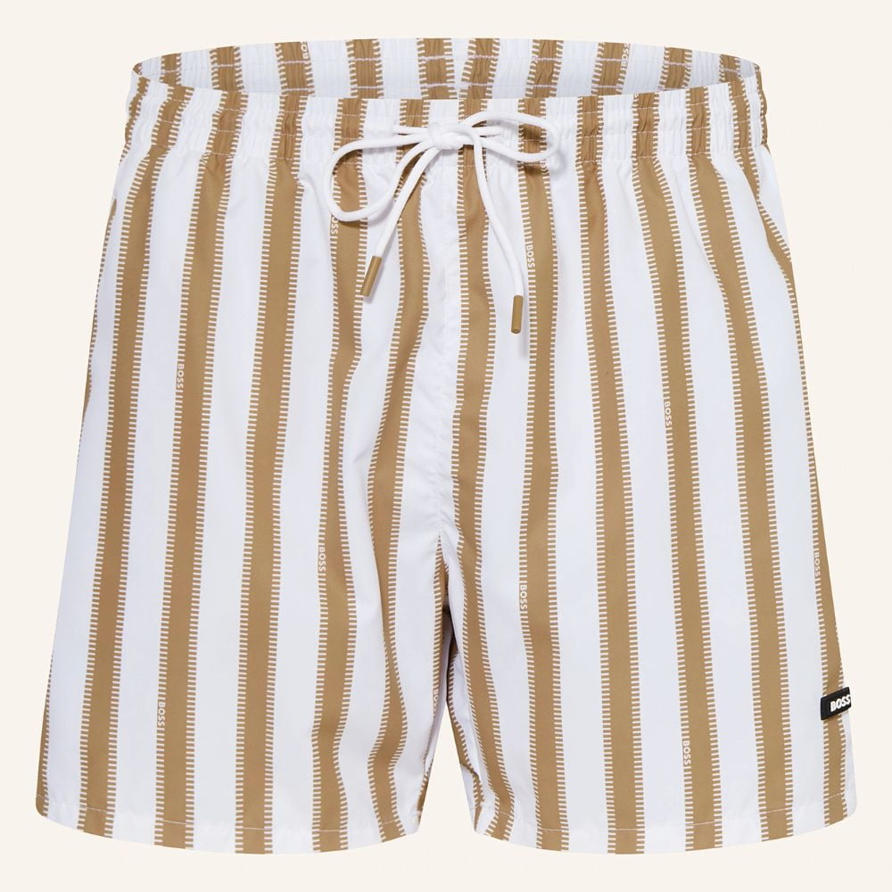 Hugo Boss Men's Pirahna Striped Swim Trunks, Natural, Large