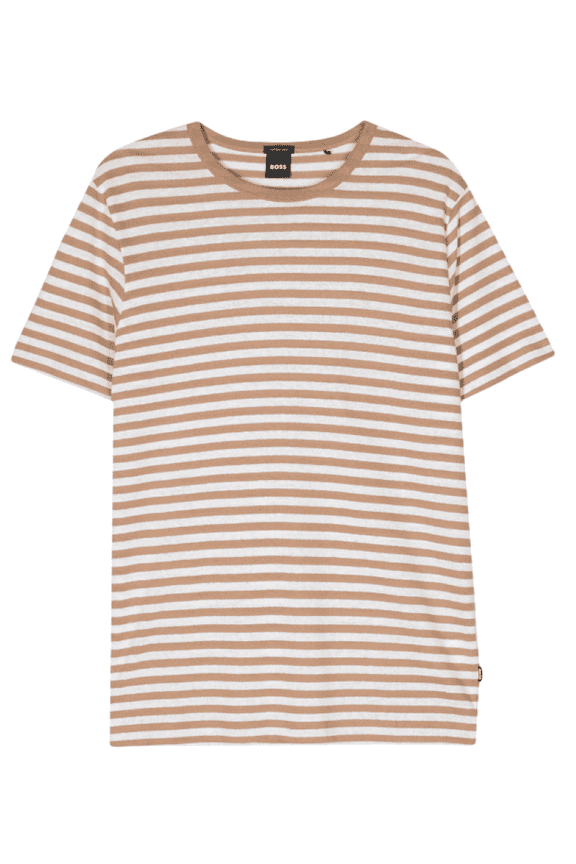 Men's Tiburt 457 Striped Linen Short Sleeve Crew Neck T-Shirt, Beige/White, Medium