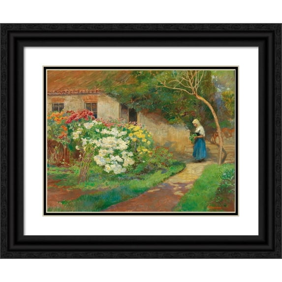 Hugo Charlemont 14x12 Black Ornate Wood Framed Double Matted Museum Art Print Titled: Farmhouse Garden
