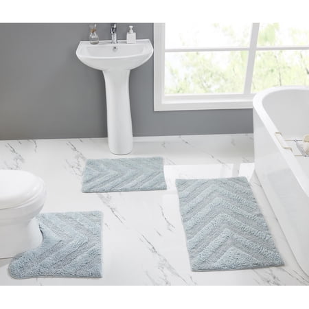 Better Trends 3 Piece Bathroom Rug Set 100% Cotton Extra Soft Tufted Bath Rug Water Absorbent Non-Slip Bath Mat Machine Washable (Blue) Hugo Collection