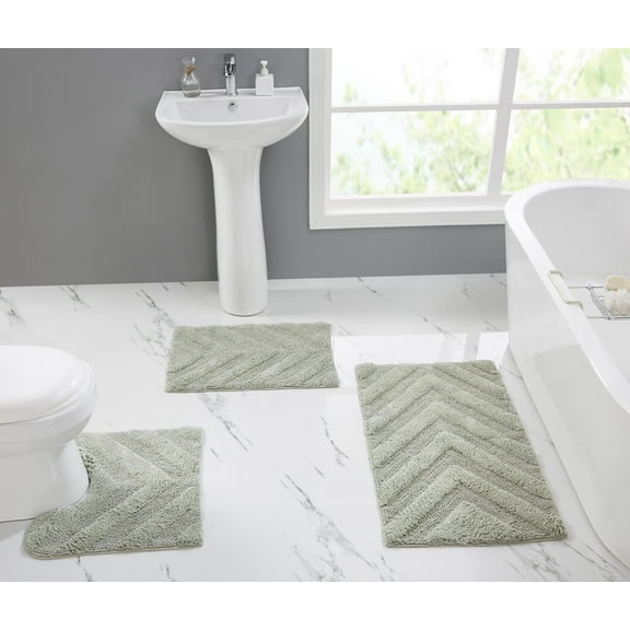 Better Trends 3 Piece Bathroom Rug Set 100% Cotton Extra Soft Tufted Bath Rug Water Absorbent Non-Slip Bath Mat Machine Washable (Dark Sage) Hugo Collection