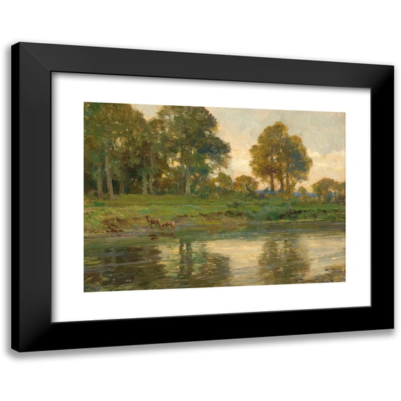 Hugo Darnaut 14x11 Black Modern Framed Museum Art Print Titled - Red Deer by a Pond at Sunset (1934)