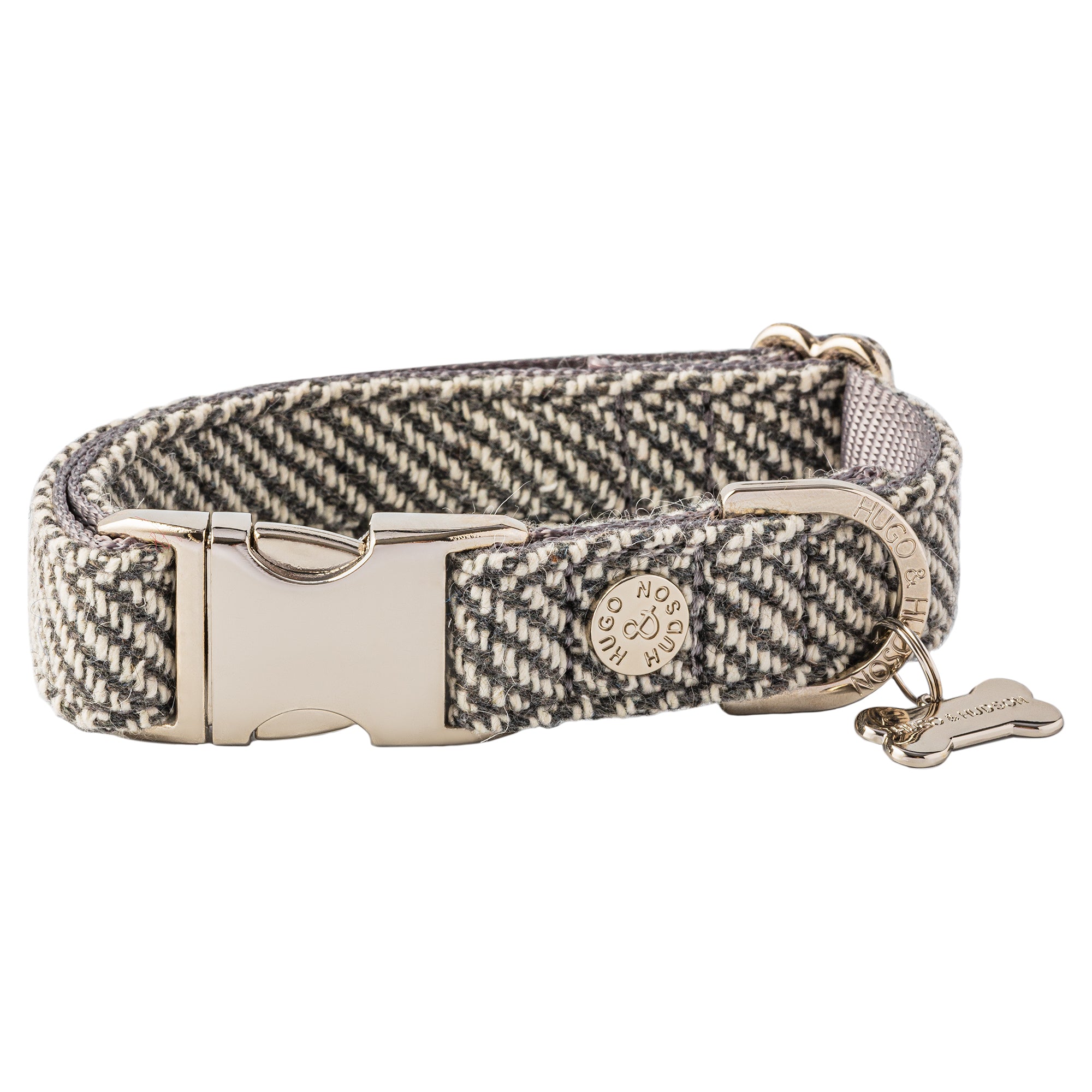 Hugo & Hudson Tweed Dog Collar with Metal Buckle Gray Herringbone M