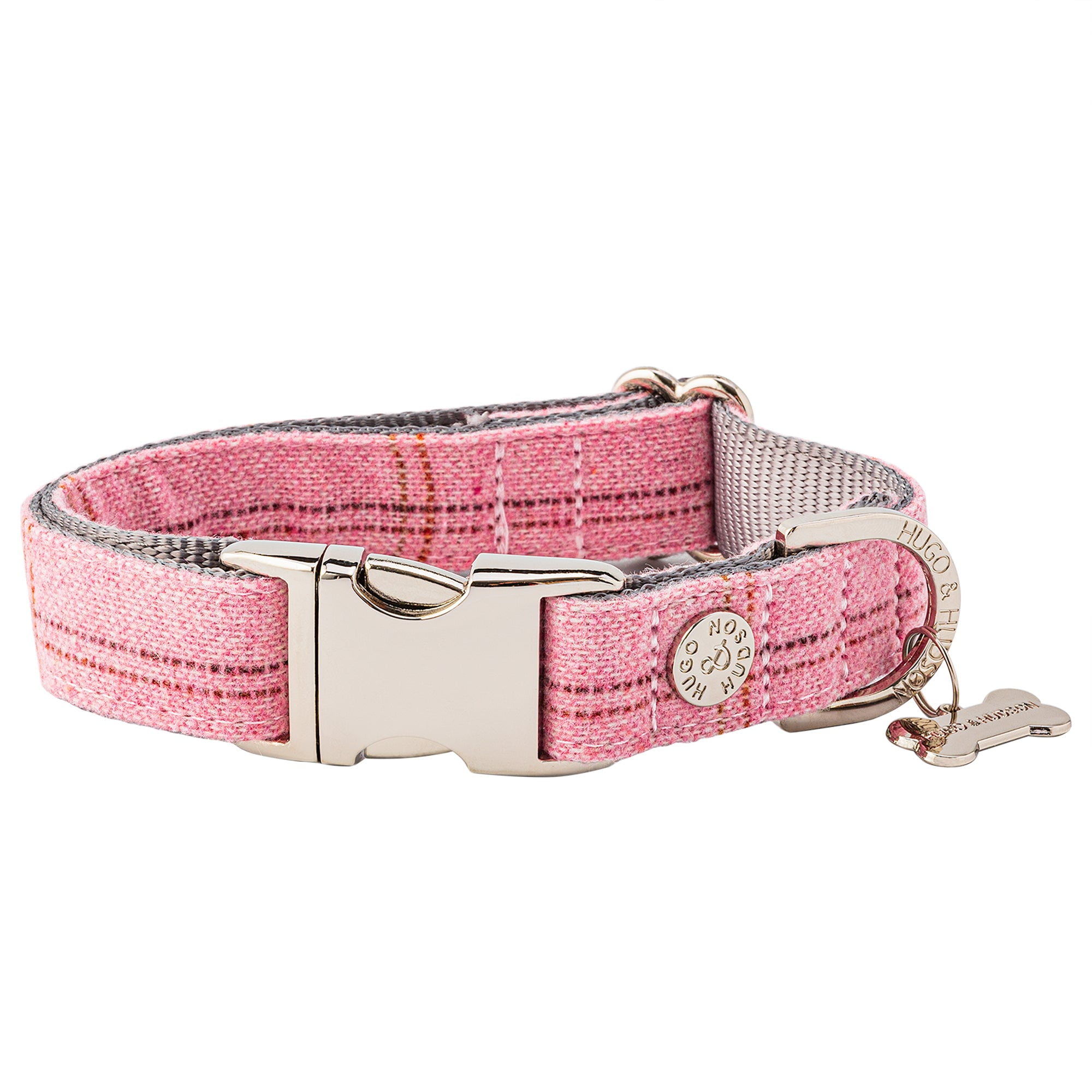 Hugo & Hudson Tweed Dog Collar with Metal Buckle Pink Checkered M