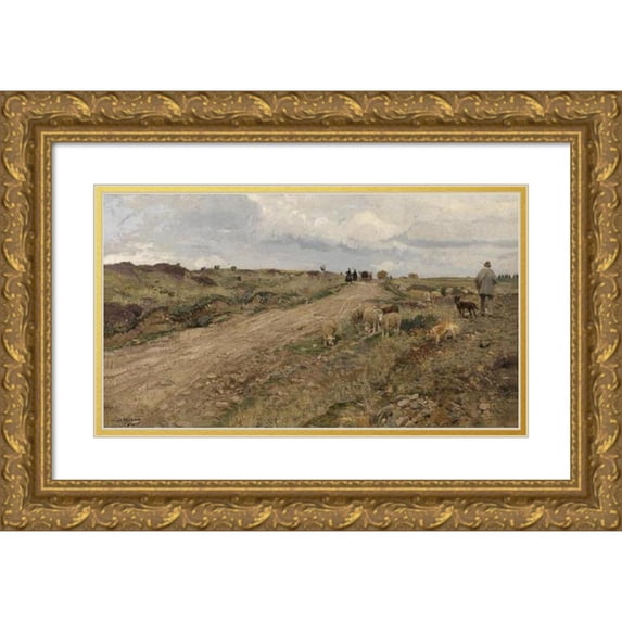 Hugo Mühlig 14x10 Gold Ornate Wood Frame and Double Matted Museum Art Print Titled - Schafer on the Way Home