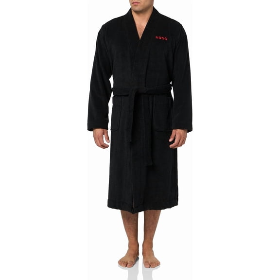 Hugo Men's Long Terry Robe with Embroidered Logo, Black, Medium