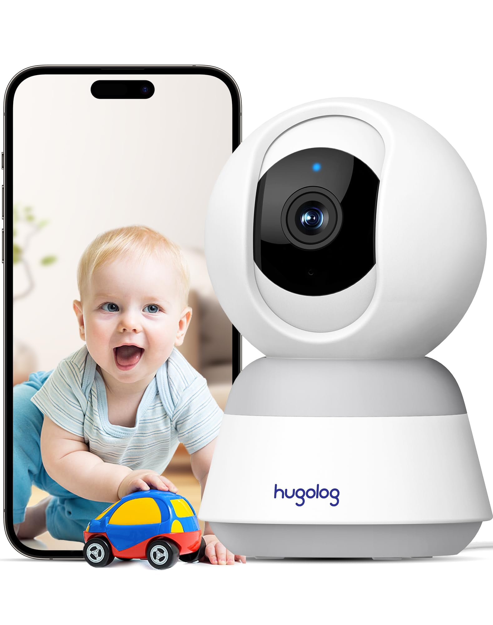 Hugolog 2K 3MP Indoor Pan/Tilt Security Camera with Auto-Focus,Ideal for Baby Monitor/Pet Camera/Home Security,Starlight Color Night Vision,Human/Pet AI,US Cloud,Compatible with Alexa