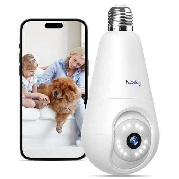 Hugolog 2K Light Bulb Security Cameras Wireless Outdoor-2.4GHz Cameras for Home Security Indoor with AI Motion Detection,Clear Color Night Vision,360°Auto Tracking,Siren Alarm,24/7 Recording