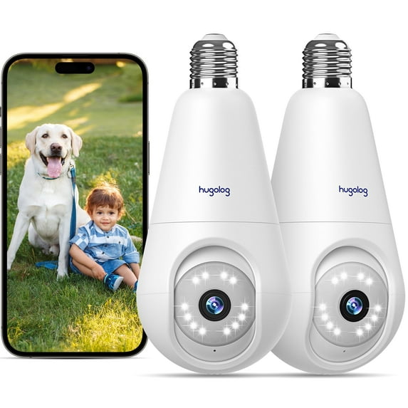 Hugolog 2K Light Bulb Security Cameras Wireless Outdoor - 2.4GHz Cameras for Home Security Indoor with AI Motion Detection,Starlight Color Night Vision, 360°Auto Tracking, Siren Alarm, 24/7 Recording