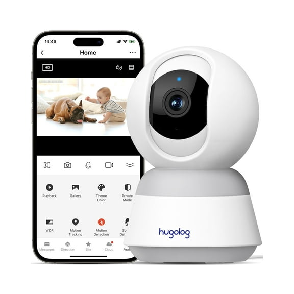 Hugolog 3K 5MP Indoor Pan/Tilt Security Camera, AI Sound Processing Ideal for Baby Monitor/Pet Camera/Home Security with 12Zoom,Starlight Color Night Vision,Human Dectection,US Cloud,Works with Alexa