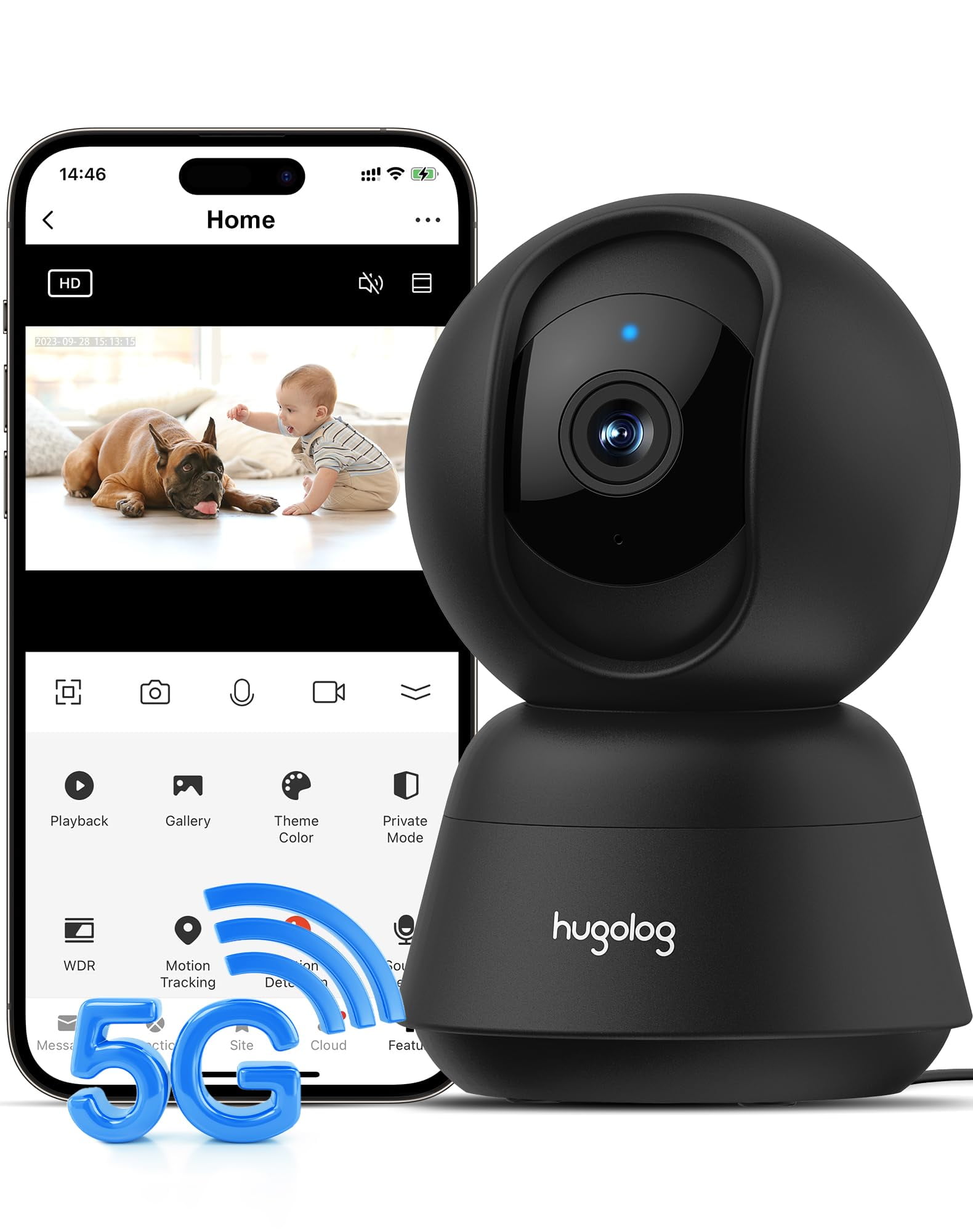 Hugolog 3K 5MP Indoor Pan/Tilt Security Camera with Auto-Focus,2.4 GHZ/5 GHZ,Ideal for Baby Monitor/Pet Camera,Starlight Color Night Vision,Human/Pet AI,Noise Reduction,US Cloud,Works with Alexa
