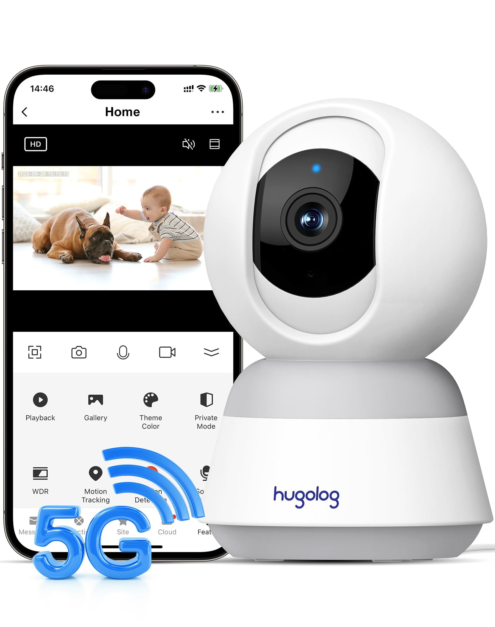 Hugolog 3K 5MP Indoor Pan/Tilt Security Camera with Auto-Focus,2.4 GHZ/5 GHZ,Ideal for Baby Monitor/Pet Camera,Starlight Color Night Vision,Human/Pet AI,Noise Reduction,US Cloud,Works with Alexa