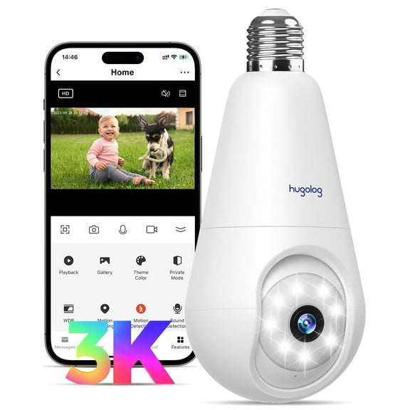 Hugolog 3K Light Bulb Security Cameras Wireless Outdoor-2.4GHz Cameras for Home Security Indoor with AI Sound Processing&Motion Detection,Color Night Vision,Auto Tracking,Siren Alarm,2-Way Talk
