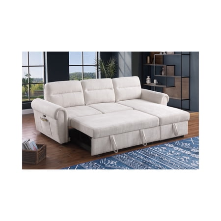 Hugoo 97"W Beige Chenille Reversible Sleeper Sectional Sofa Chaise w/USB+Pockets