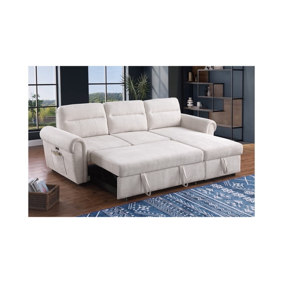 Hugoo 97"W Beige Chenille Reversible Sleeper Sectional Sofa Chaise w/USB+Pockets