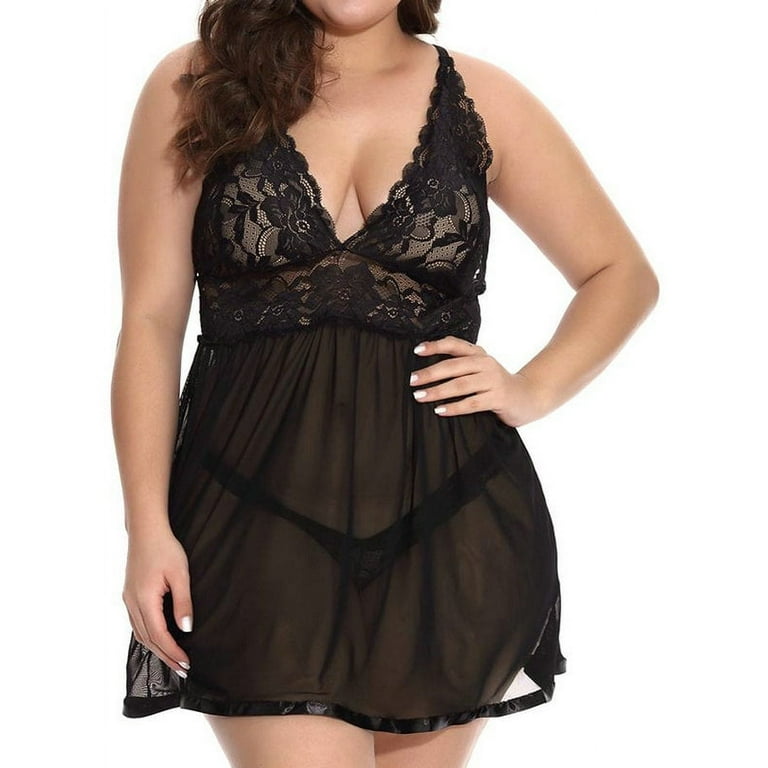 Hugossia Plus Size Women Sexy Lingerie Nightdress Babydoll Sleepwear  G-string Underwear