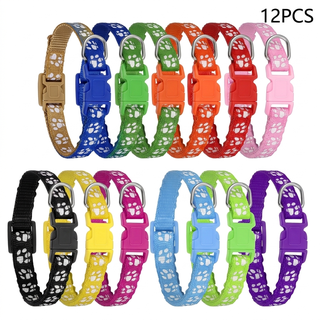 ROSEXIXI 12Pcs Adjustable Nylon Pet Collars with Bell, Multiple Bright Colors & Paw Print, Quick Release Collars for Small Dogs, Cats, Kittens and Puppies