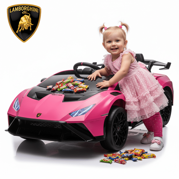 Hugrove 2-Seater Kids 24V Ride on Toys with Remote Control, Licensed Lamborghini Huracan Electric Ride on Car w/ Suspension, Gifts for Girl & Boy 3-8, Bluetooth Music, LED Lights, 4WD, Pink
