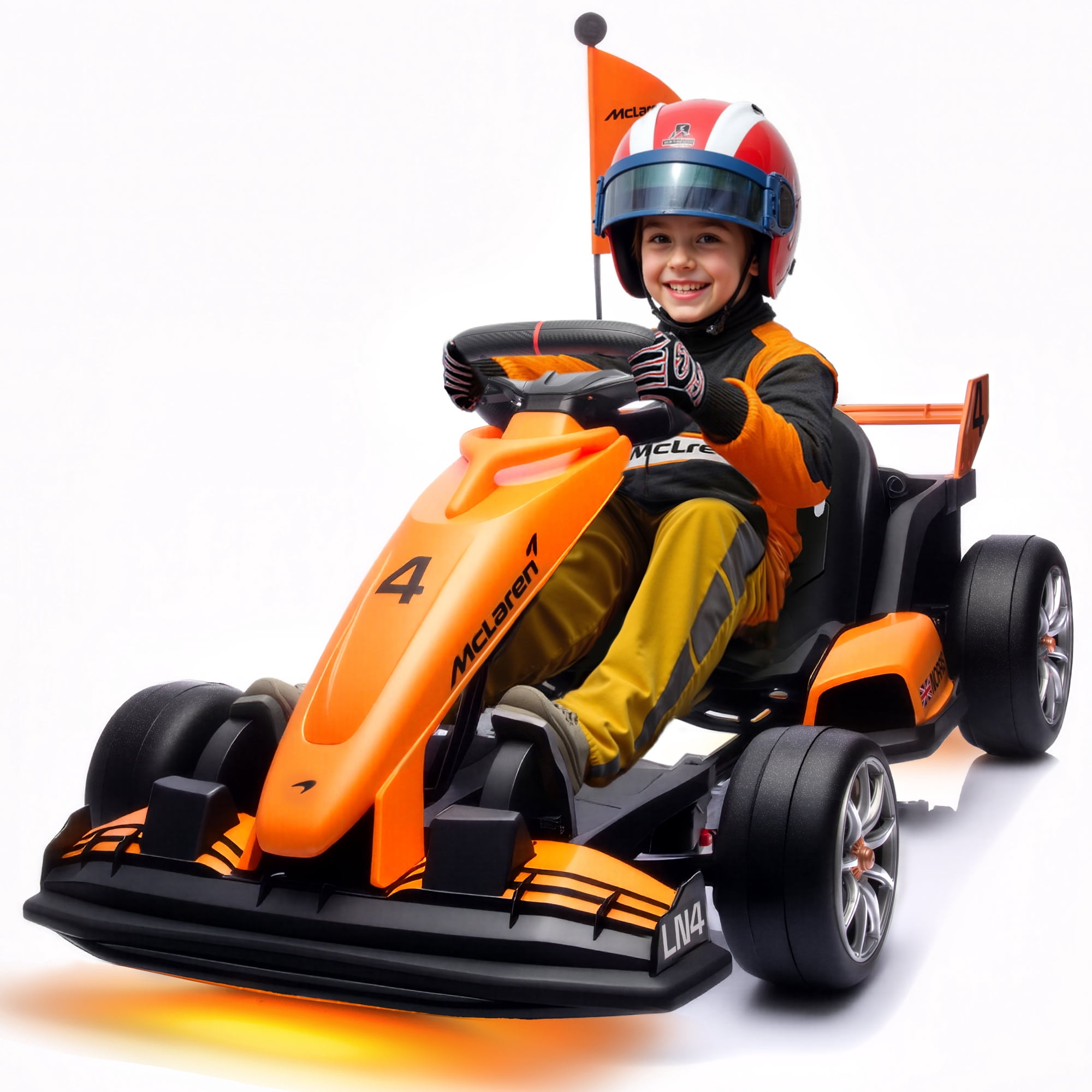 Hugrove 24V Go Kart for Kids, McLaren Drift Go Cart with Separate Acceleration and Braking Pedals, 7.46 MPH, Foldable Electric Ride on Car for Boys Girls, Orange