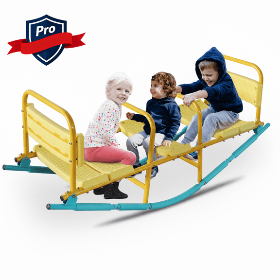 Hugrove Kids Seesaw Outdoor & Indoor 3-Seat Teeter Totter with Safety Handles, Comfortable Chairs & Storage, Sturdy Steel Backyard Playground Equipment for Children Age 3+, Yellow