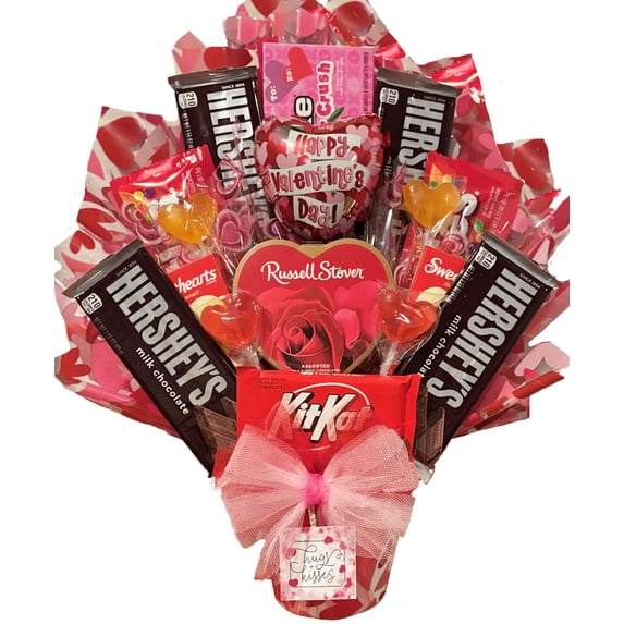 Hugs and Kisses Candy and Chocolate Bouquet - Valentine's Day Gift Basket for Her - for Him - for Kids