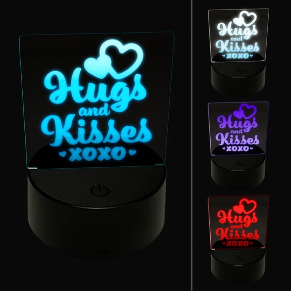 Hugs and Kisses XO Hearts Fun Text LED Night Light Sign 3D Illusion Desk Nightstand Lamp