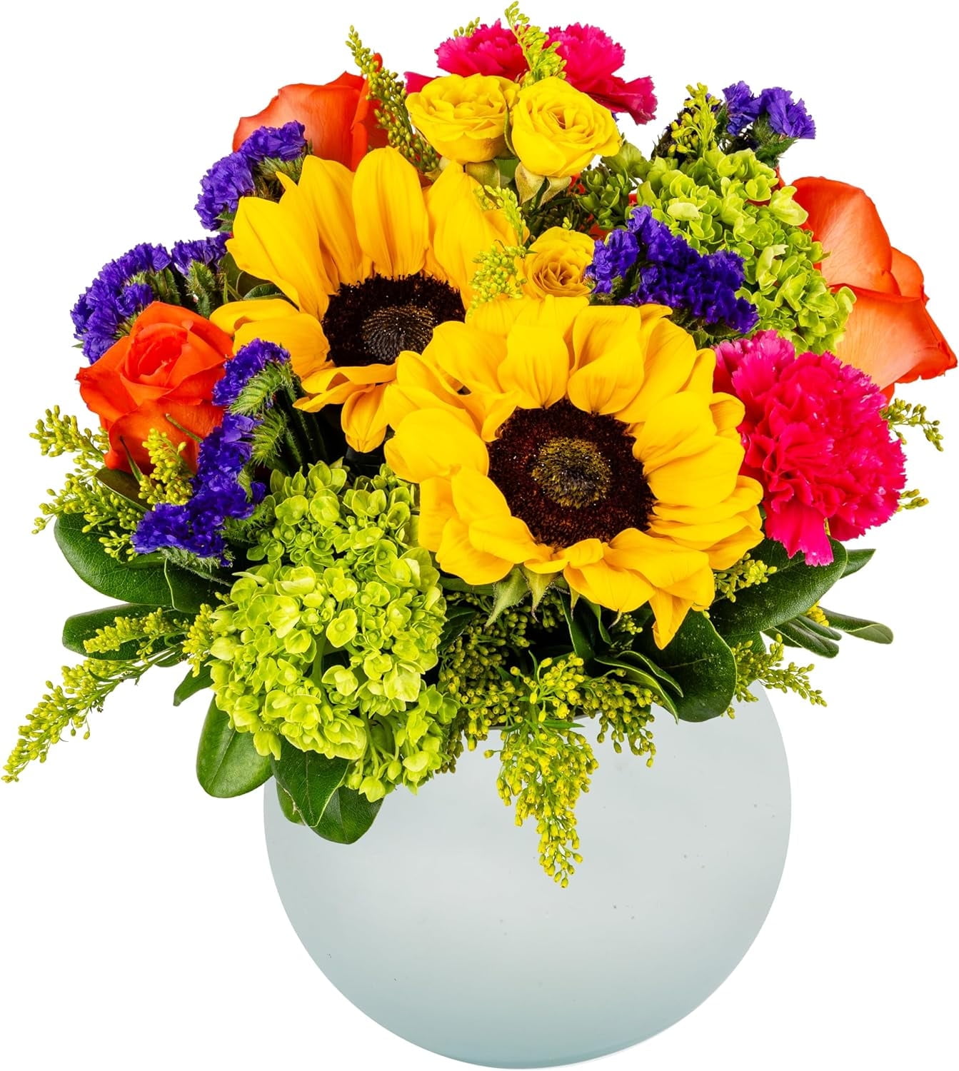 Hugs and Kisses by Arabella Bouquets Yellow Sunflowers, Pin Cushions, Carnations with Vase