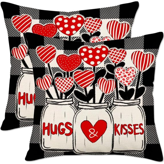 Hugs and es Pillow Covers 18x18 Inch Set of 2 Valentine’s Day Black White Buffalo Plaid Heart Vase Decorations Pillow Cases Cotton Linen Holiday Farmhouse Cushion Cover for Sofa Couch