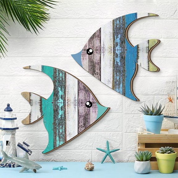 Hugtrea 2Pcs/Set Wooden Fish Wall Decor Coastal Fish Wall Art Decorations Rustic Seaside Fish Wood Artistic Panel for Home Bathroom Beach House