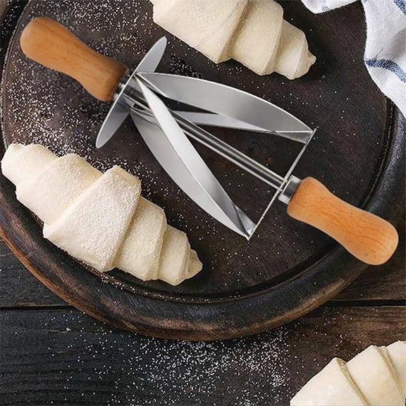 Hugtrea Croissant Cutter Roller, Stainless Steel Pastry Triangle Dough Cutter with Wood Handle, Pie Crust Pizza Slicer for Baking, Bread Scoring Tool