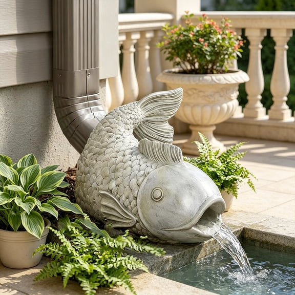 Hugtrea Fish Shape Rainwater Diverter, Decorative Gutter Downspout Statue, Functional Outdoor Fish Sculpture for Garden Patio Yard Ornament