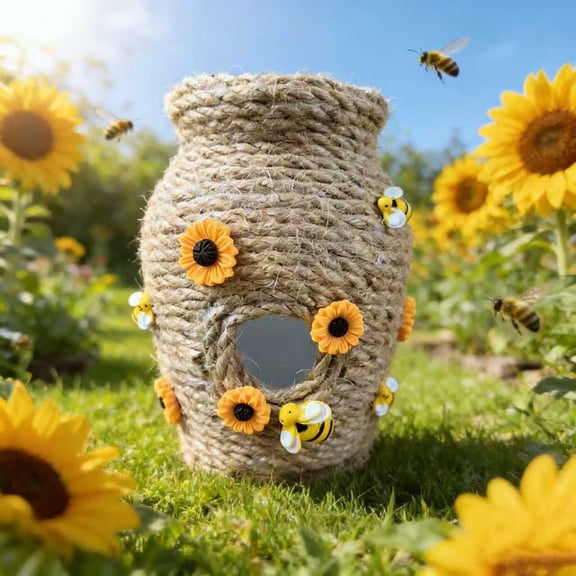 Hugtrea Honey Pot Vase with Bee And Sunflowers Natural Jute Rope Twine Flower Vase Farmhouse Tabletop Centerpiece for Kitchen Dining Table Home Decor