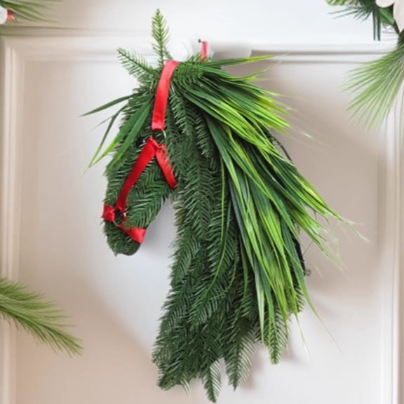 Hugtrea Horse Head Wreath Rustic Farmhouse Equestrian Front Door Decor Handmade Artificial Pine Branches Wreath with Red Ribbon for Wall Window Porch Decor